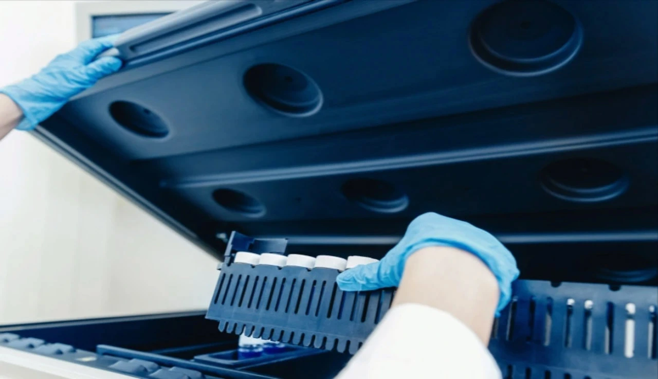 Lab worker removes vials from bio container