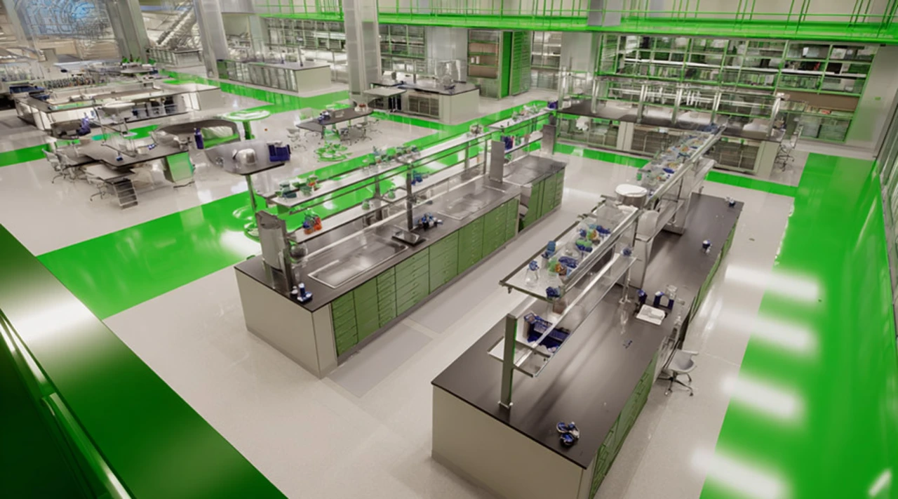 A top view AI generated image of a bio-pharma lab.